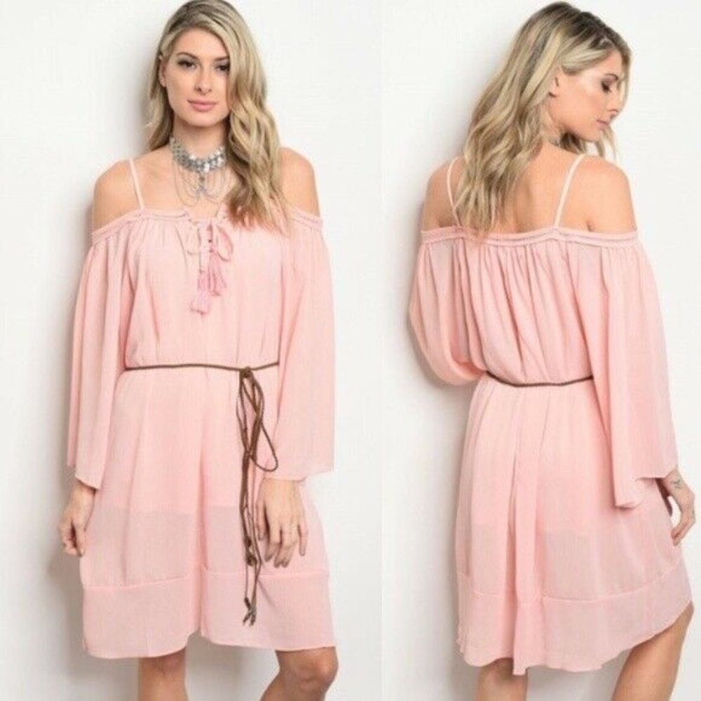 Pink Cold/Off Shoulder Lined Mini Dress w Straps M